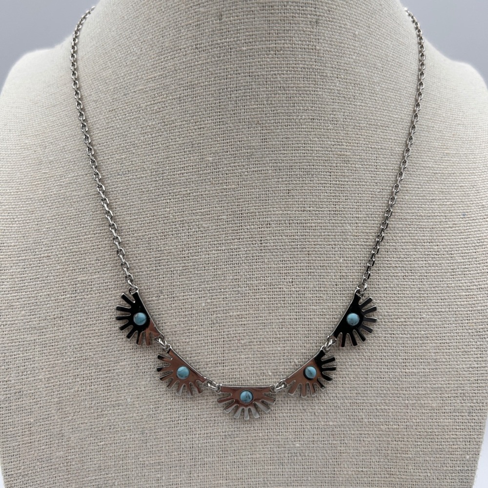 Lia Sophia Silver Tone Turquoise Sunburst Geometric Fan Pendant Necklace